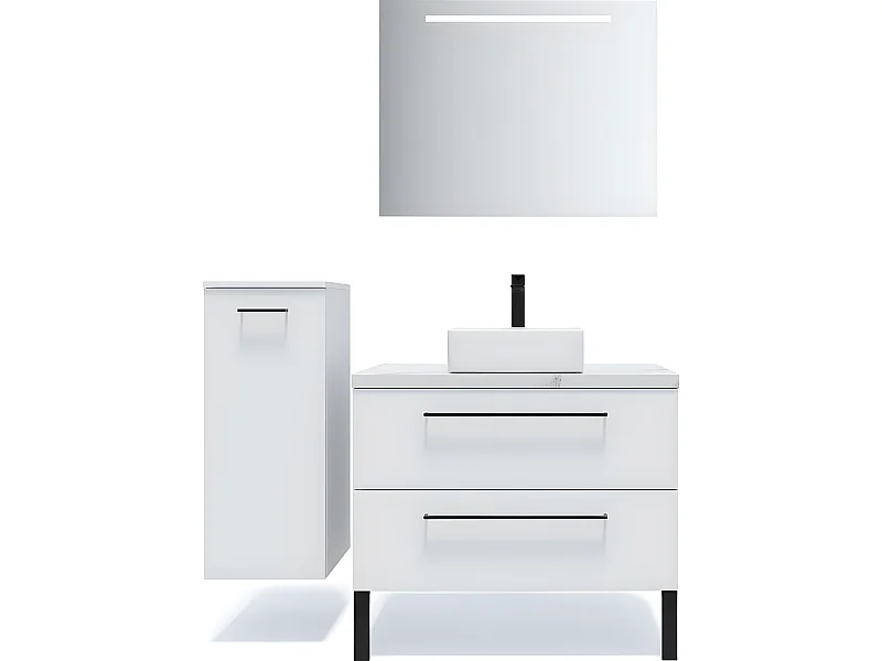 Meuble de salle de bain suspendu vasque à poser 90cm 2 tiroirs Blanc + miroir + colonne ouverture gauche - Glasgow