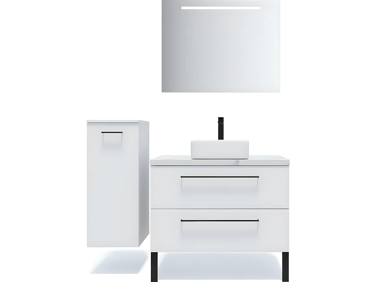 Meuble de salle de bain suspendu vasque à poser 90cm 2 tiroirs Blanc + miroir + colonne ouverture gauche - Glasgow