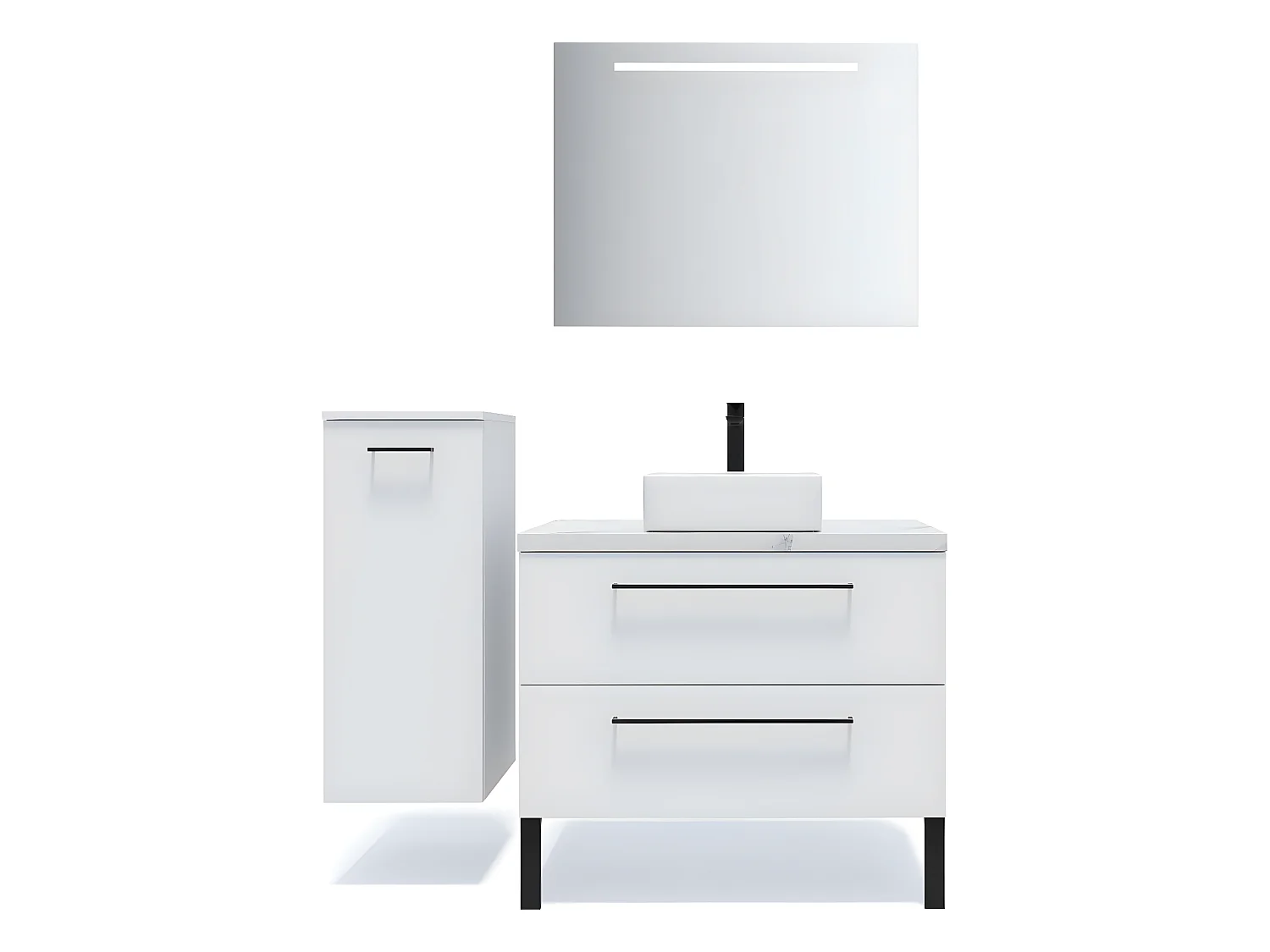Meuble de salle de bain suspendu vasque à poser 90cm 2 tiroirs Blanc + miroir + colonne ouverture gauche - Glasgow