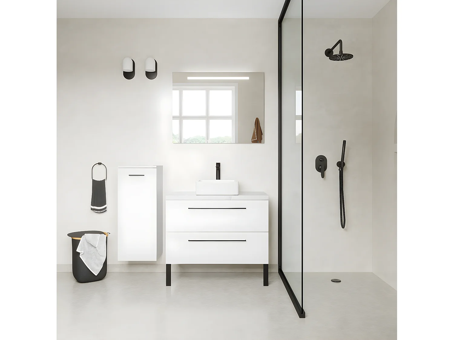 Meuble de salle de bain suspendu vasque à poser 90cm 2 tiroirs Blanc + miroir + colonne ouverture gauche - Glasgow