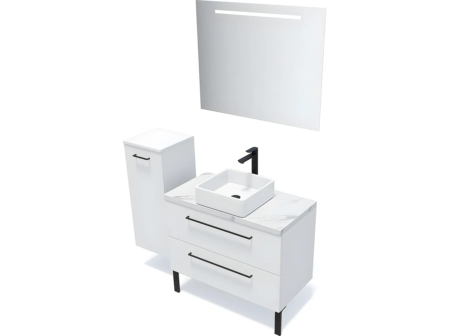 Meuble de salle de bain suspendu vasque à poser 90cm 2 tiroirs Blanc + miroir + colonne ouverture gauche - Glasgow