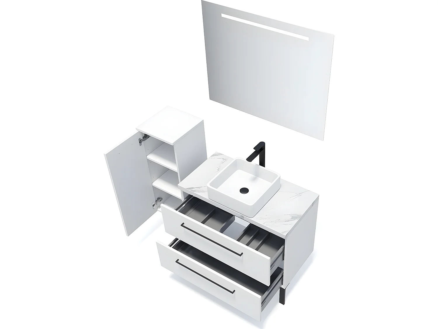 Meuble de salle de bain suspendu vasque à poser 90cm 2 tiroirs Blanc + miroir + colonne ouverture gauche - Glasgow