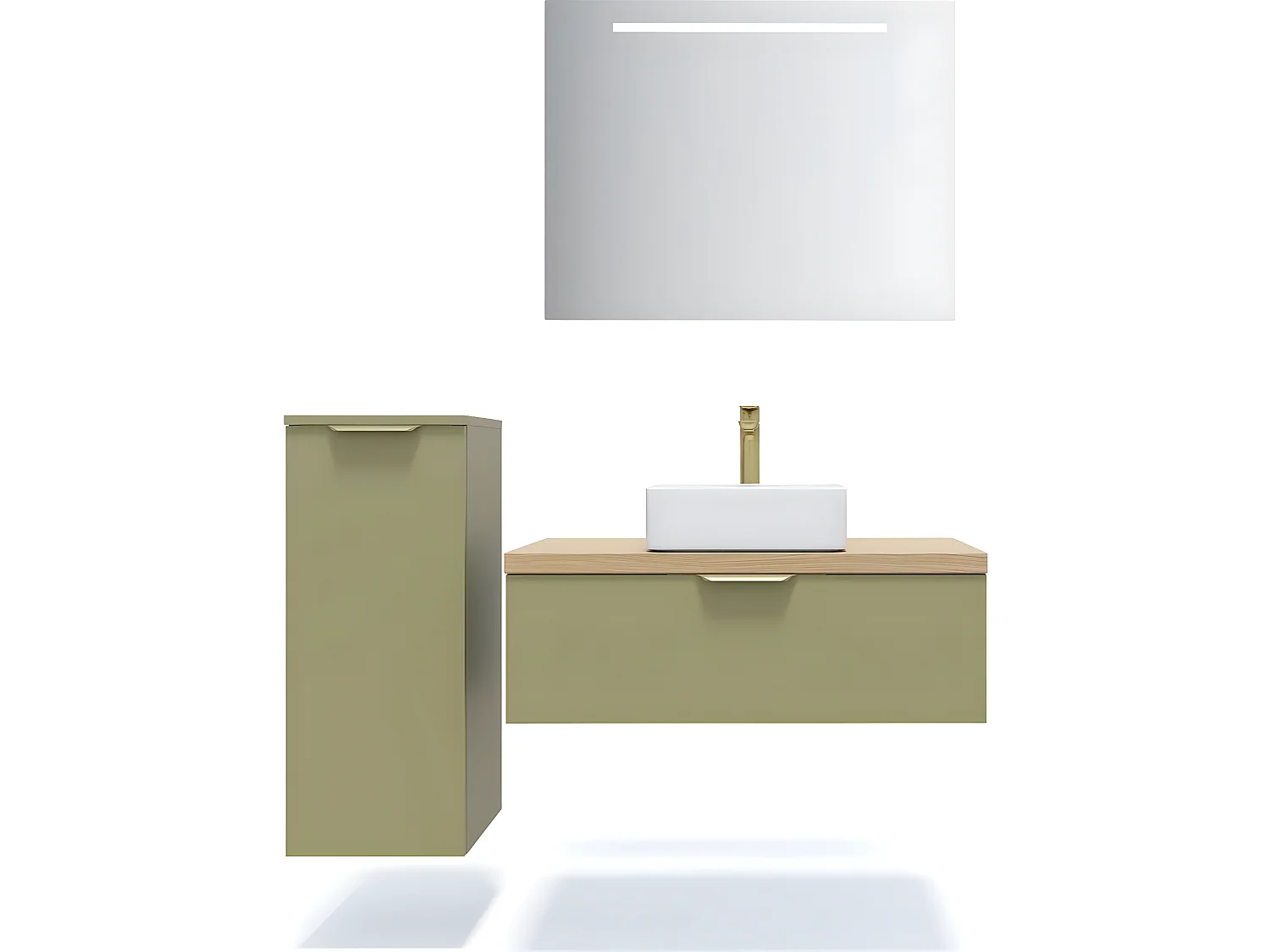 Meuble de salle de bain suspendu vasque à poser 90cm 1 tiroir Vert olive + miroir + colonne ouverture gauche - Venice
