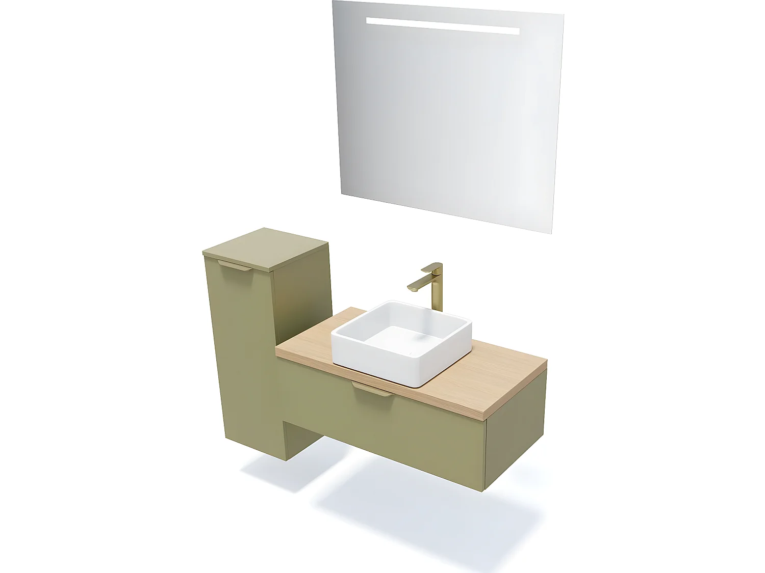 Meuble de salle de bain suspendu vasque à poser 90cm 1 tiroir Vert olive + miroir + colonne ouverture gauche - Venice