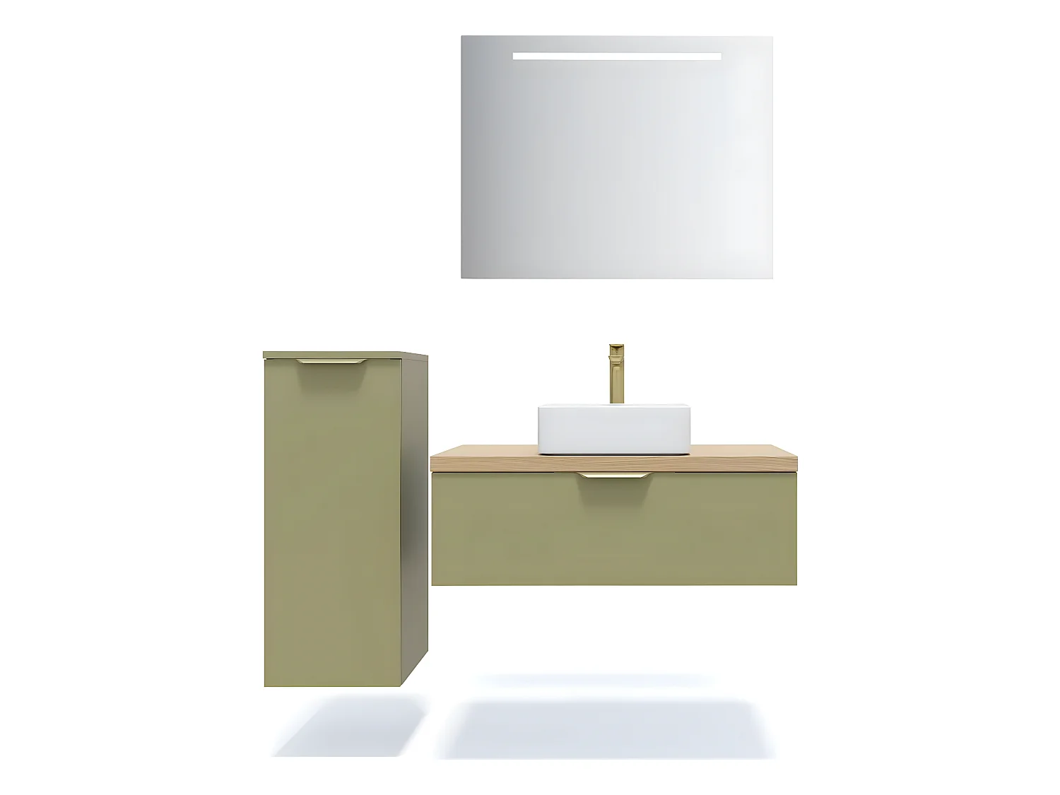 Meuble de salle de bain suspendu vasque à poser 90cm 1 tiroir Vert olive + miroir + colonne ouverture gauche - Venice