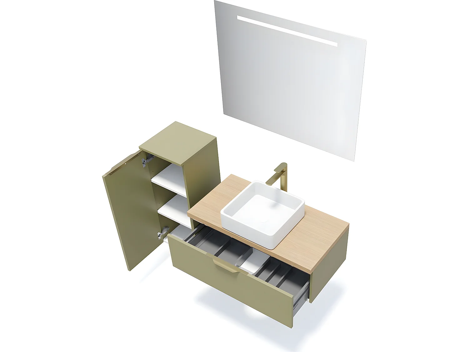 Meuble de salle de bain suspendu vasque à poser 90cm 1 tiroir Vert olive + miroir + colonne ouverture gauche - Venice