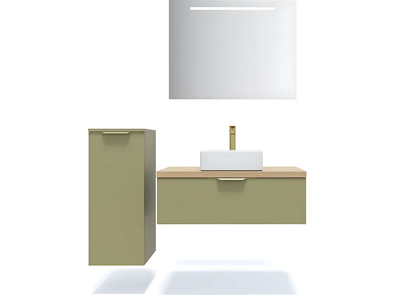 Meuble de salle de bain suspendu vasque à poser 90cm 1 tiroir Vert olive + miroir + colonne ouverture gauche - Venice