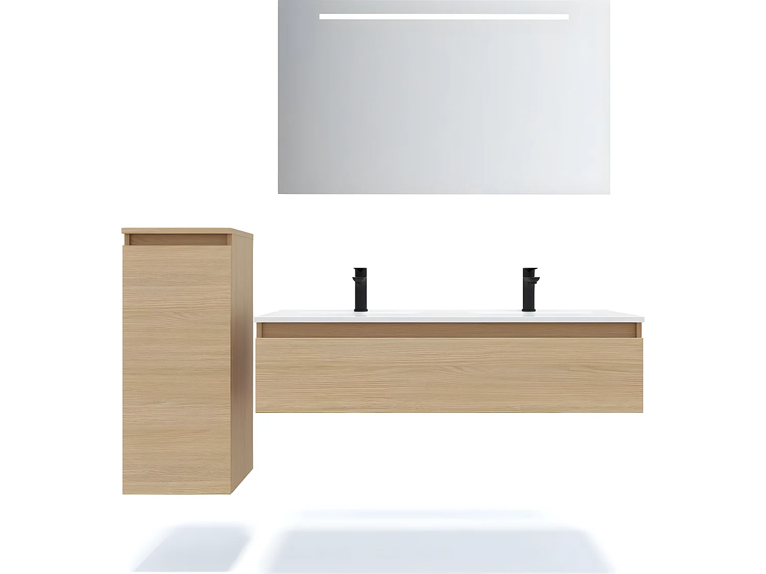 Meuble de salle de bain suspendu double vasque intégrée 120cm 1 tiroir Chêne clair + miroir + colonne ouverture gauche - Hudson