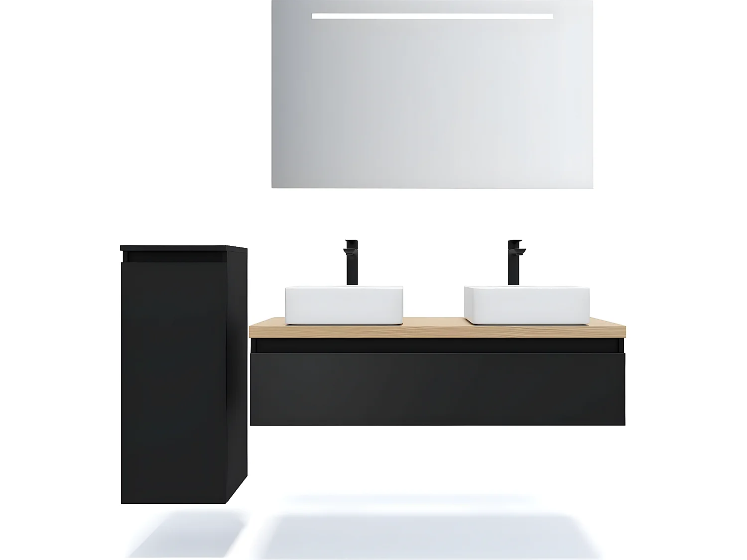 Meuble de salle de bain suspendu 2 vasques à poser 120cm 1 tiroir Noir + miroir + colonne ouverture gauche - Hudson