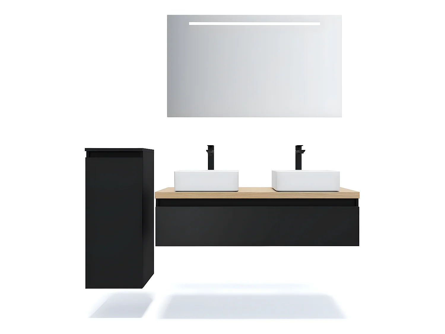 Meuble de salle de bain suspendu 2 vasques à poser 120cm 1 tiroir Noir + miroir + colonne ouverture gauche - Hudson
