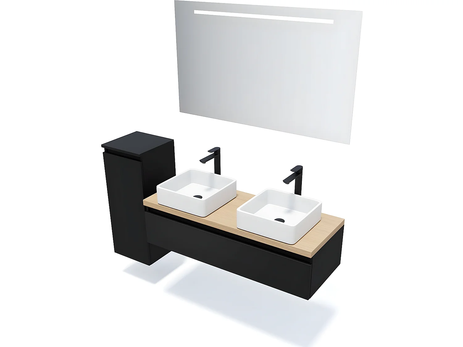 Meuble de salle de bain suspendu 2 vasques à poser 120cm 1 tiroir Noir + miroir + colonne ouverture gauche - Hudson