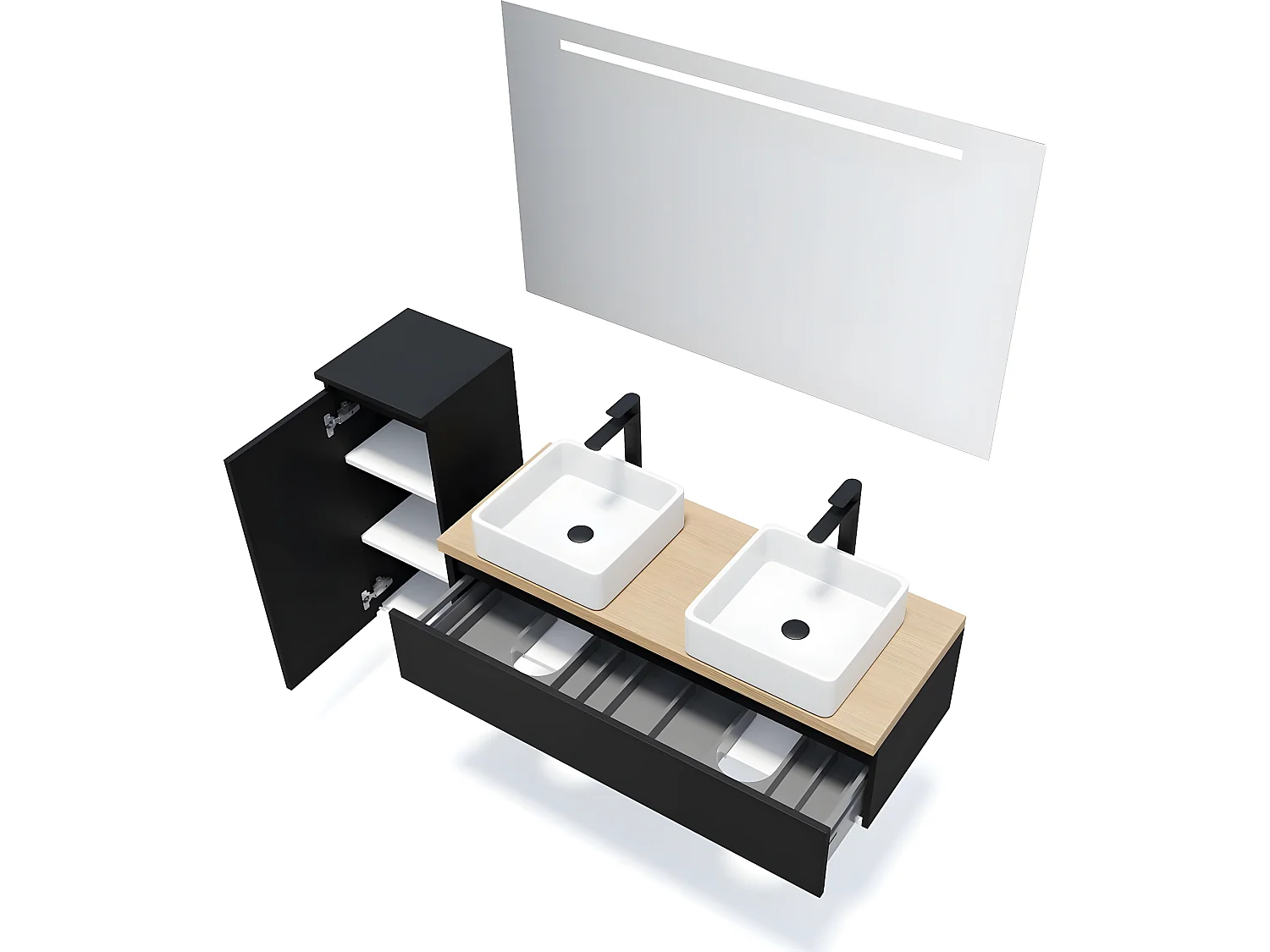 Meuble de salle de bain suspendu 2 vasques à poser 120cm 1 tiroir Noir + miroir + colonne ouverture gauche - Hudson
