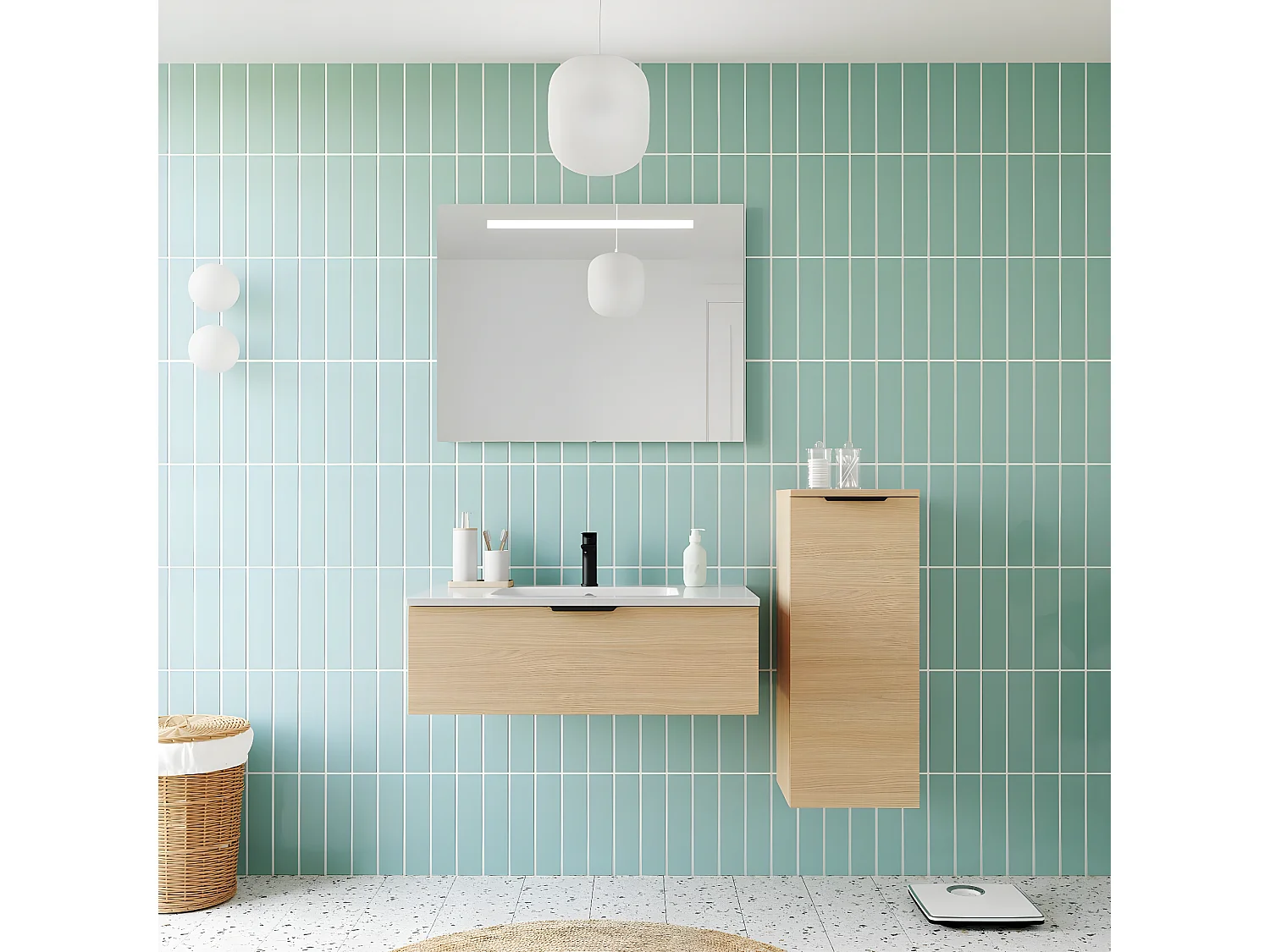 Meuble de salle de bain suspendu vasque intégrée 90cm 1 tiroir Chêne clair + miroir + colonne ouverture droite - Soho
