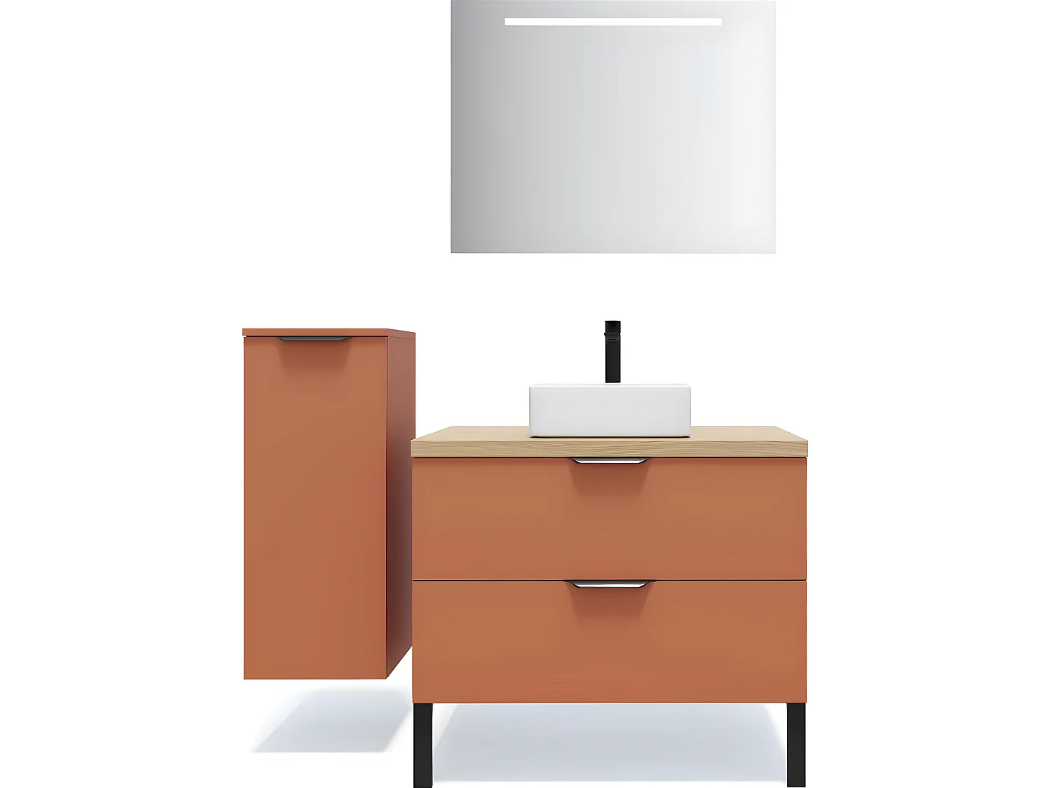 Meuble de salle de bain suspendu vasque à poser 90cm 2 tiroirs Terracotta + miroir + colonne ouverture gauche - Soho