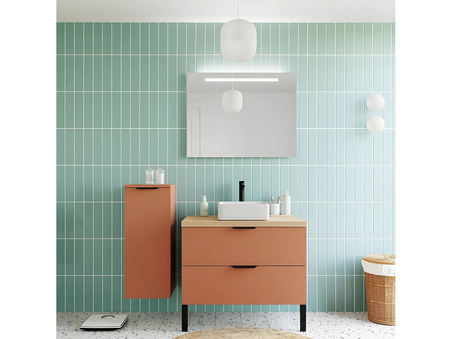 Meuble de salle de bain suspendu vasque à poser 90cm 2 tiroirs Terracotta + miroir + colonne ouverture gauche - Soho