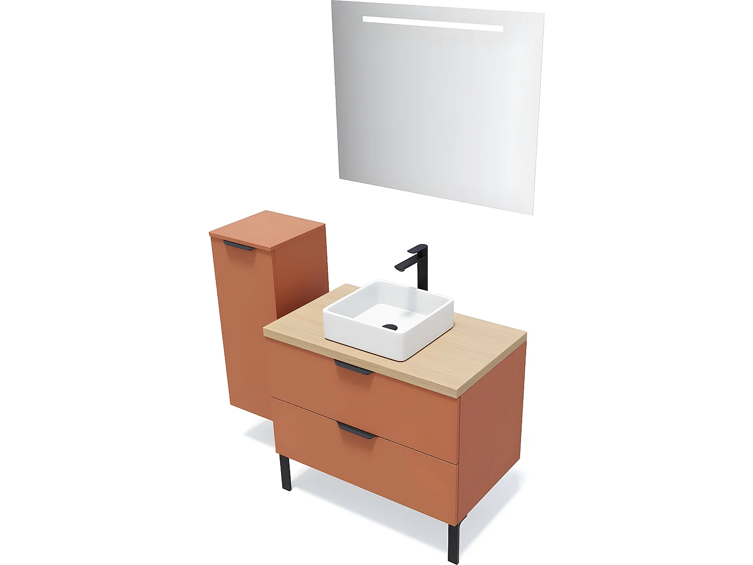 Meuble de salle de bain suspendu vasque à poser 90cm 2 tiroirs Terracotta + miroir + colonne ouverture gauche - Soho