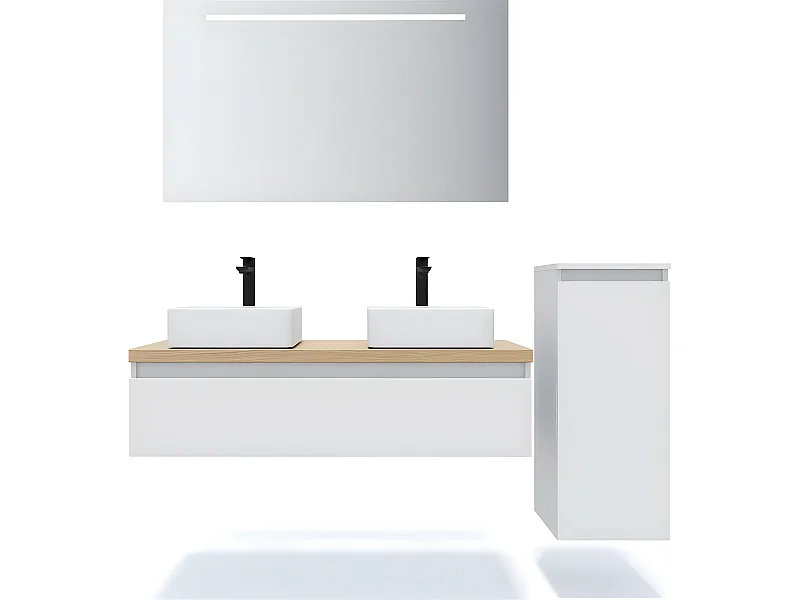 Meuble de salle de bain suspendu 2 vasques à poser 120cm 1 tiroir Blanc + miroir + colonne ouverture droite - Hudson