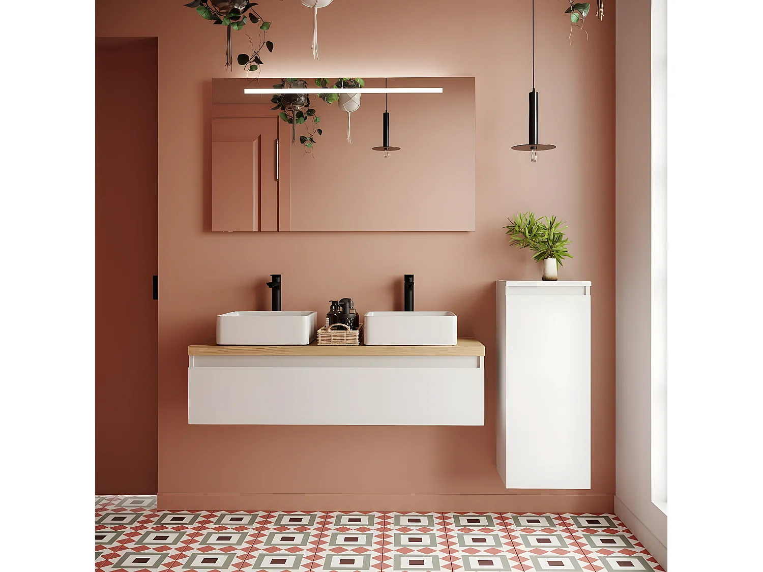 Meuble de salle de bain suspendu 2 vasques à poser 120cm 1 tiroir Blanc + miroir + colonne ouverture droite - Hudson