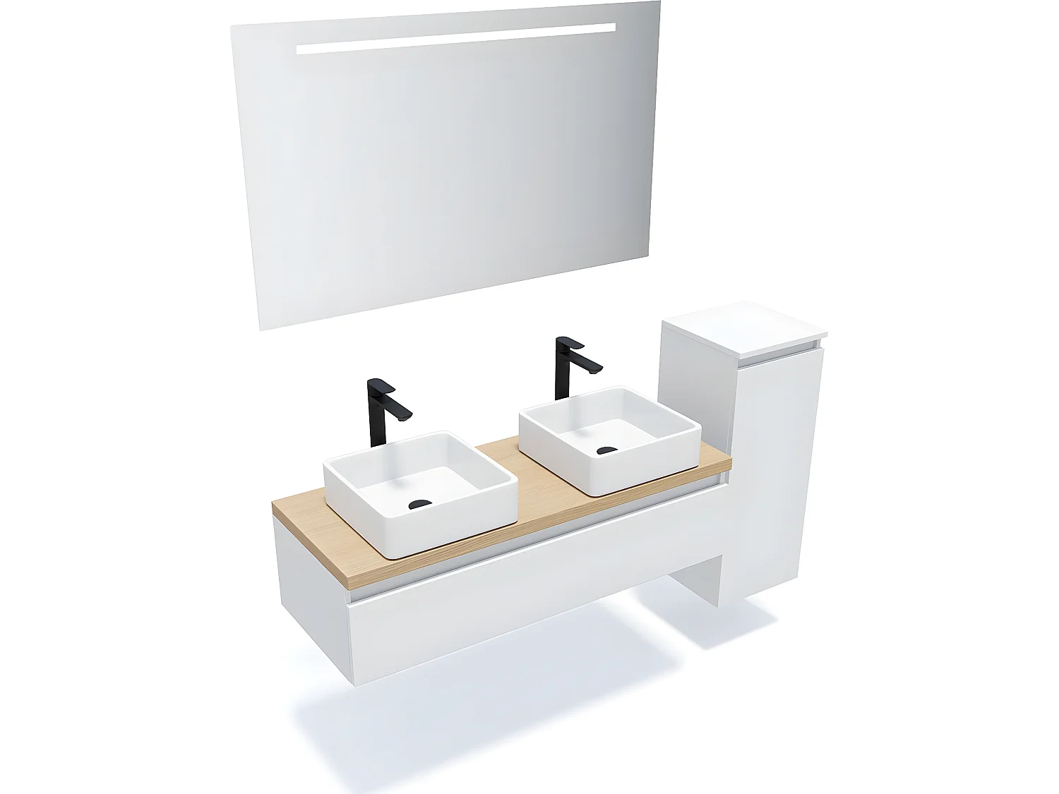 Meuble de salle de bain suspendu 2 vasques à poser 120cm 1 tiroir Blanc + miroir + colonne ouverture droite - Hudson