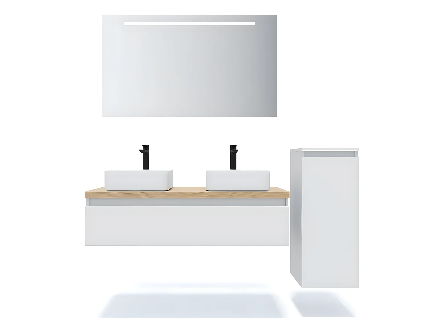 Meuble de salle de bain suspendu 2 vasques à poser 120cm 1 tiroir Blanc + miroir + colonne ouverture droite - Hudson