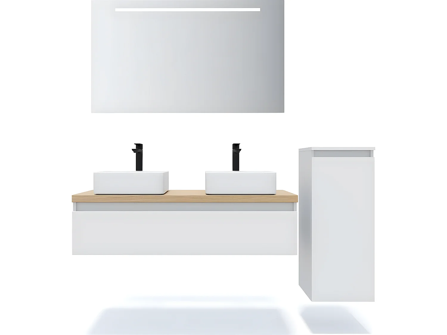 Meuble de salle de bain suspendu 2 vasques à poser 120cm 1 tiroir Blanc + miroir + colonne ouverture droite - Hudson