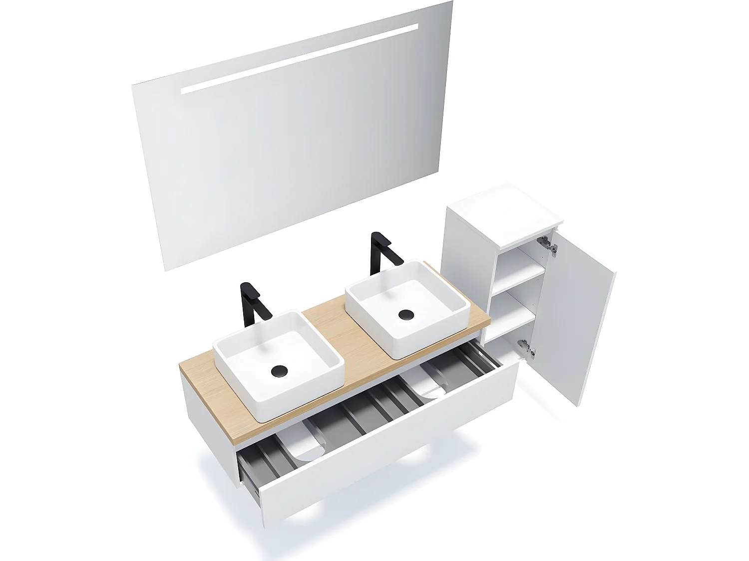 Meuble de salle de bain suspendu 2 vasques à poser 120cm 1 tiroir Blanc + miroir + colonne ouverture droite - Hudson