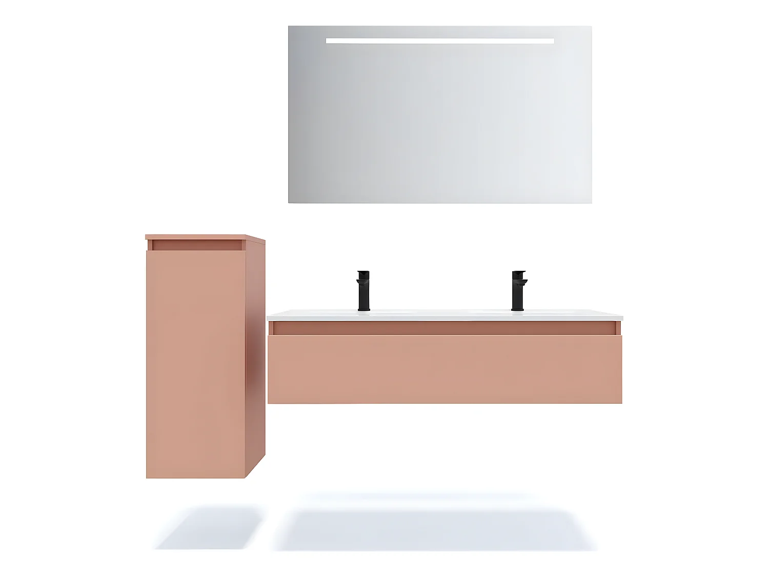 Meuble de salle de bain suspendu double vasque intégrée 120cm 1 tiroir Abricot + miroir + colonne ouverture gauche - Hudson