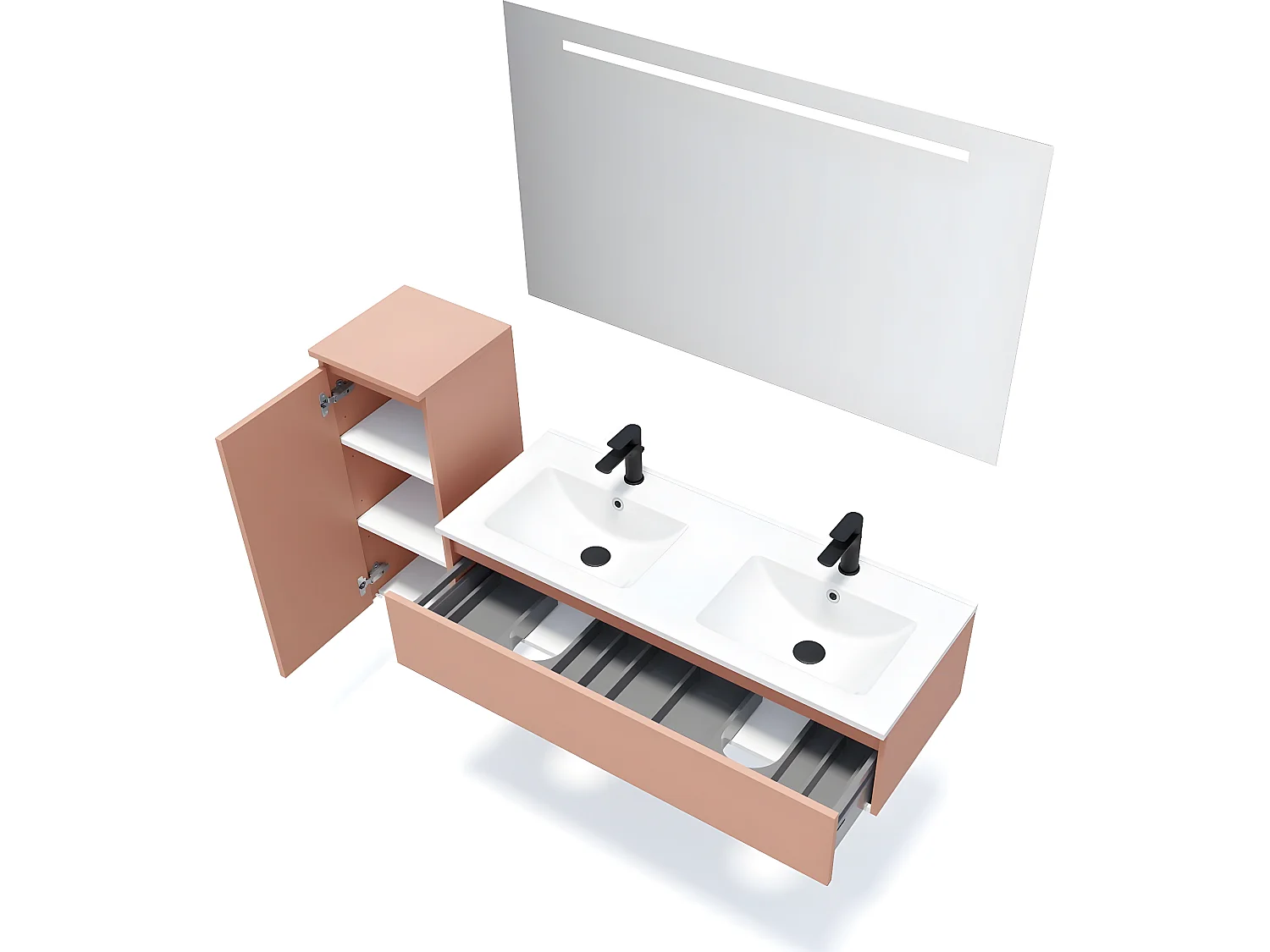 Meuble de salle de bain suspendu double vasque intégrée 120cm 1 tiroir Abricot + miroir + colonne ouverture gauche - Hudson