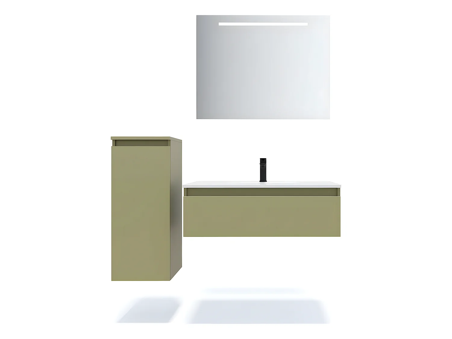 Meuble de salle de bain suspendu vasque intégrée 90cm 1 tiroir Vert olive + miroir + colonne ouverture gauche - Hudson
