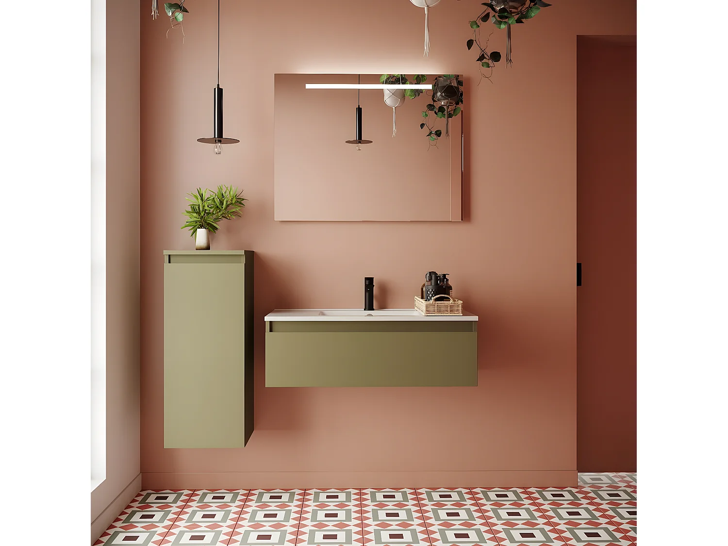 Meuble de salle de bain suspendu vasque intégrée 90cm 1 tiroir Vert olive + miroir + colonne ouverture gauche - Hudson