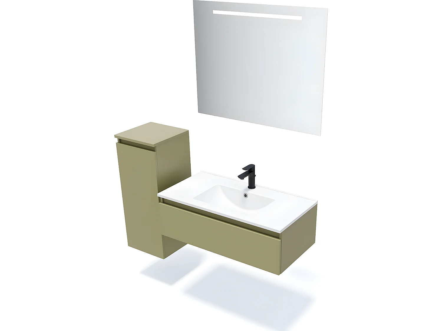 Meuble de salle de bain suspendu vasque intégrée 90cm 1 tiroir Vert olive + miroir + colonne ouverture gauche - Hudson