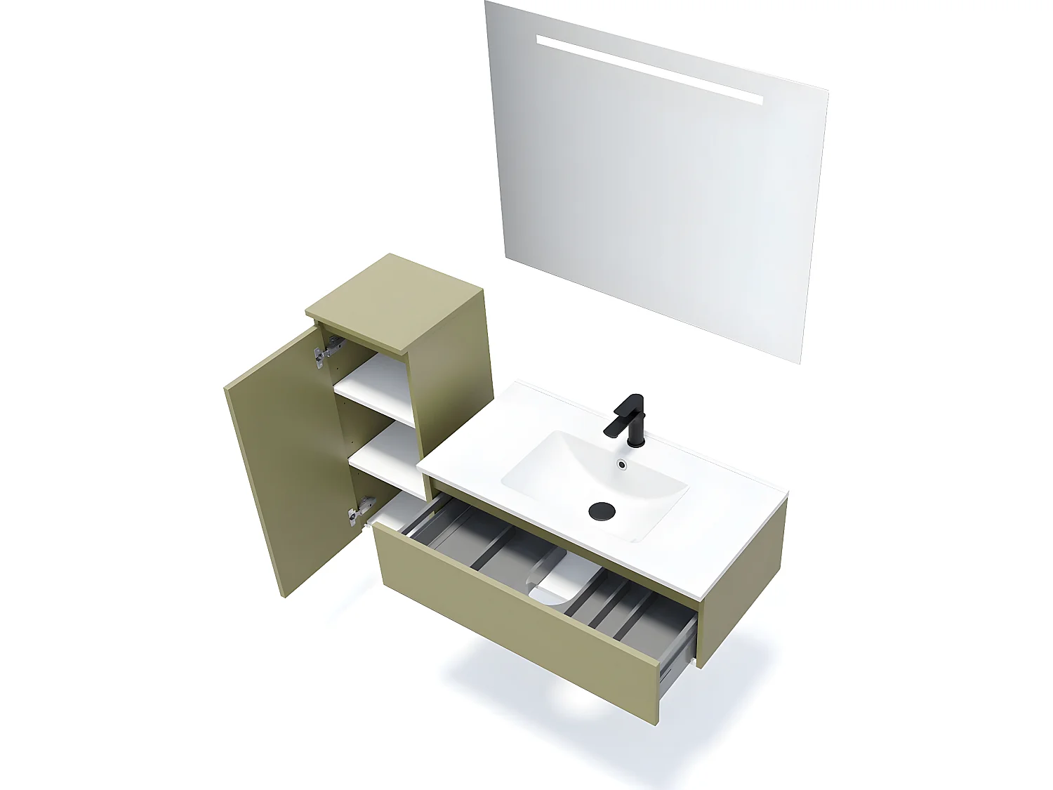 Meuble de salle de bain suspendu vasque intégrée 90cm 1 tiroir Vert olive + miroir + colonne ouverture gauche - Hudson