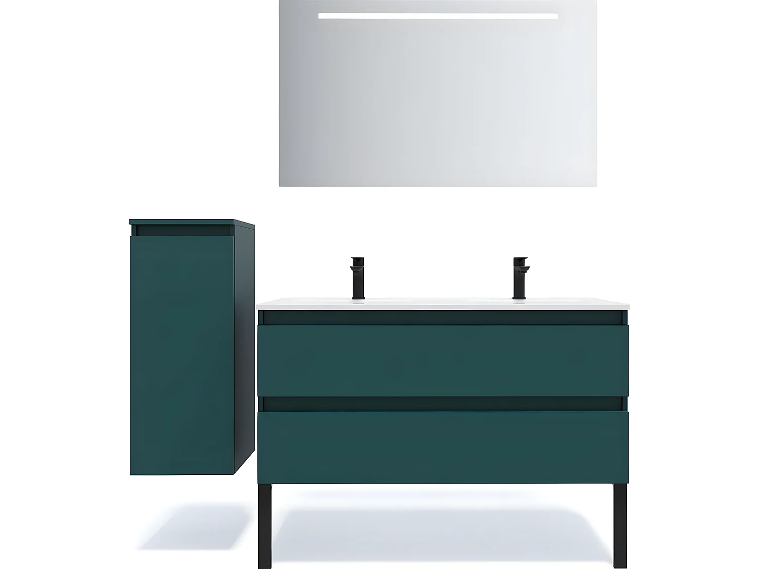 Meuble de salle de bain suspendu double vasque intégrée 120cm 2 tiroirs Bleu + miroir + colonne ouverture gauche - Hudson