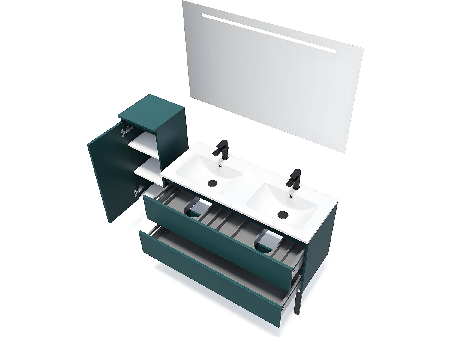 Meuble de salle de bain suspendu double vasque intégrée 120cm 2 tiroirs Bleu + miroir + colonne ouverture gauche - Hudson