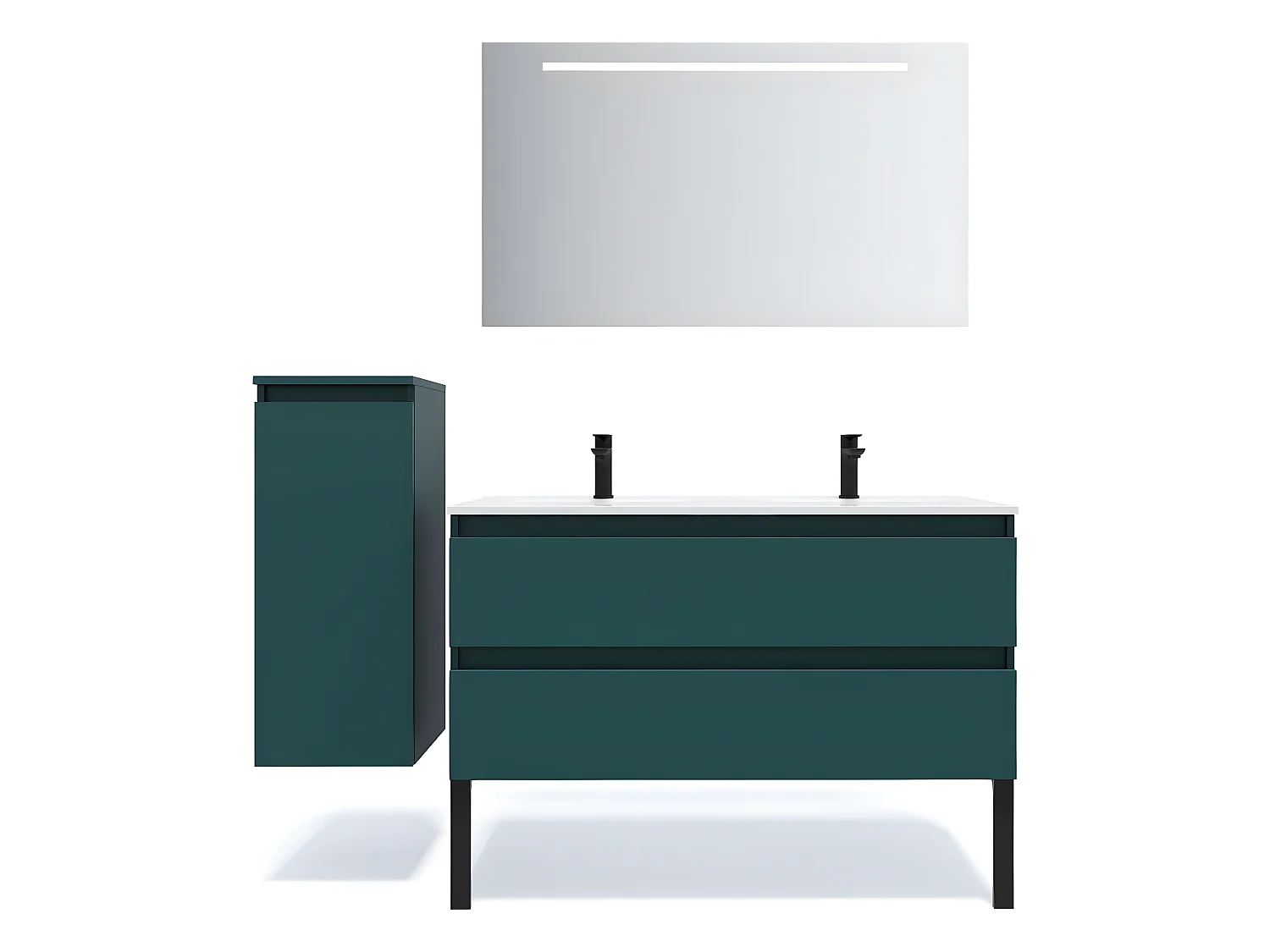 Meuble de salle de bain suspendu double vasque intégrée 120cm 2 tiroirs Bleu + miroir + colonne ouverture gauche - Hudson