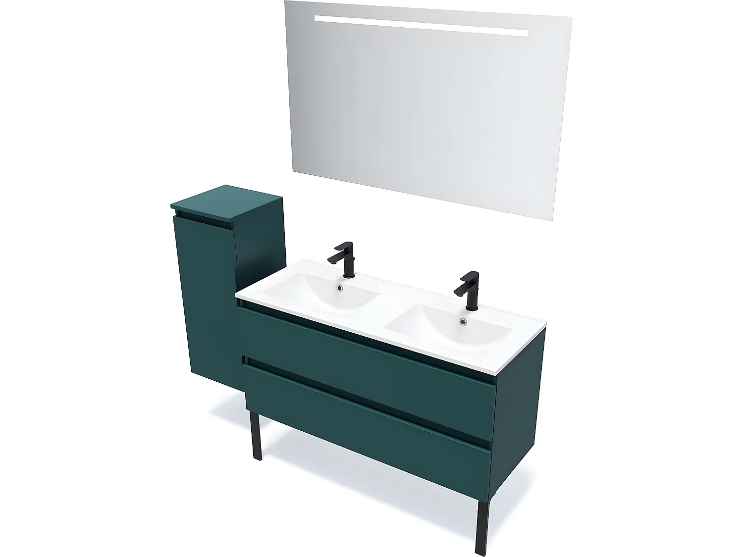 Meuble de salle de bain suspendu double vasque intégrée 120cm 2 tiroirs Bleu + miroir + colonne ouverture gauche - Hudson