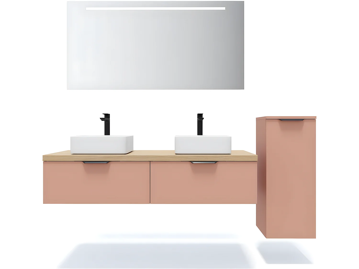 Meuble de salle de bain suspendu 2 vasques à poser 140cm 2 tiroirs Abricot + miroir + colonne ouverture droite - Soho