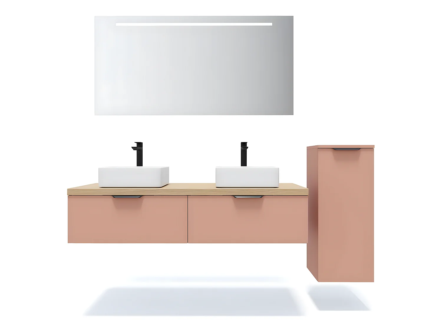Meuble de salle de bain suspendu 2 vasques à poser 140cm 2 tiroirs Abricot + miroir + colonne ouverture droite - Soho