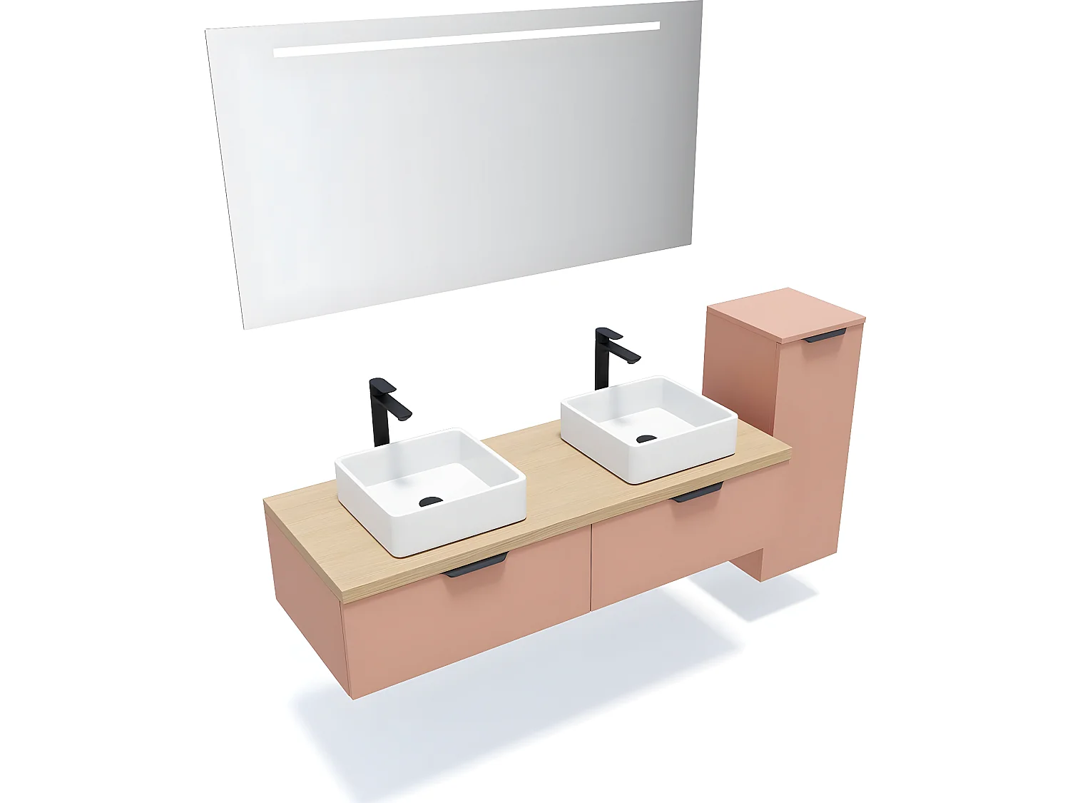 Meuble de salle de bain suspendu 2 vasques à poser 140cm 2 tiroirs Abricot + miroir + colonne ouverture droite - Soho