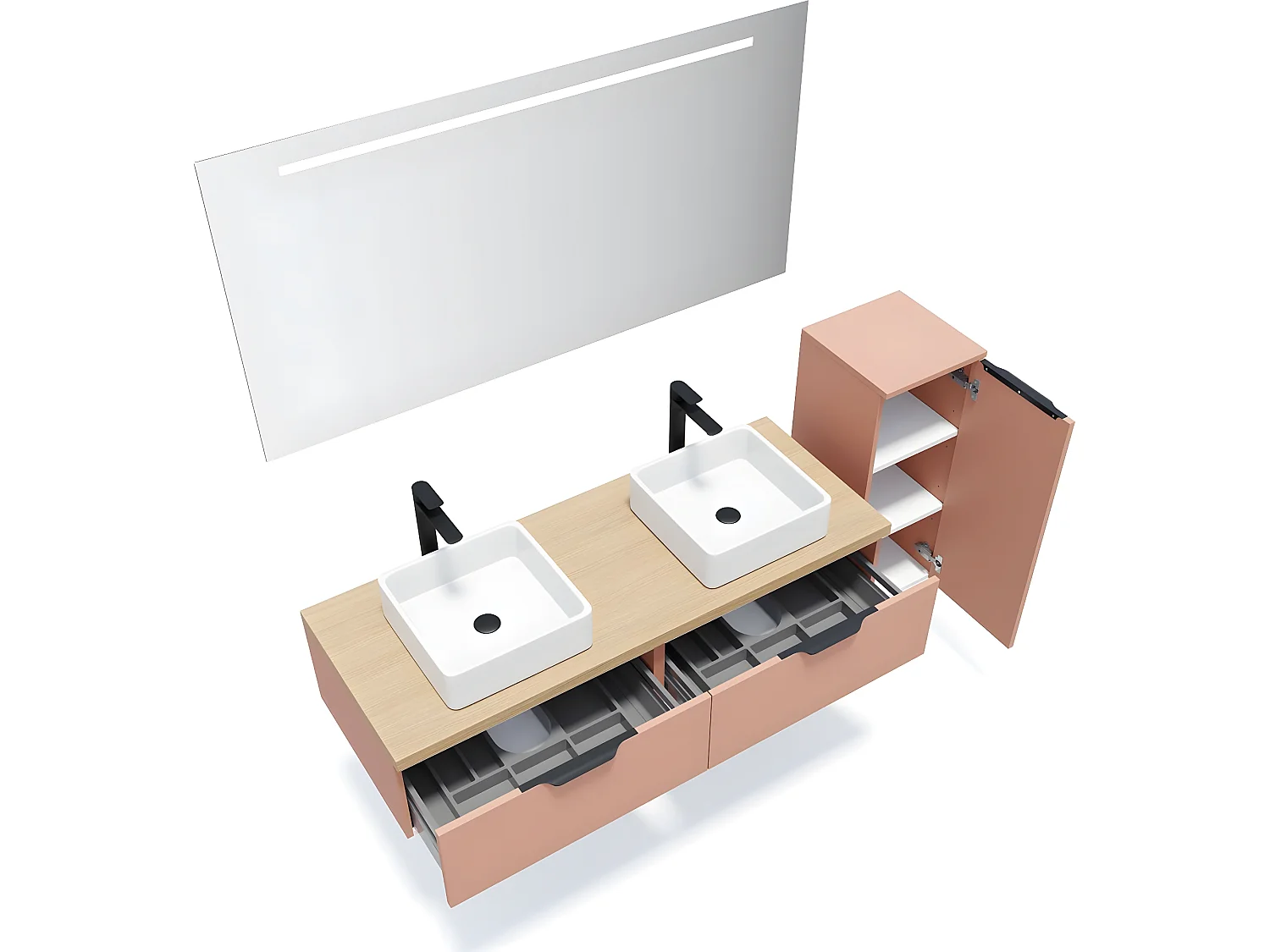Meuble de salle de bain suspendu 2 vasques à poser 140cm 2 tiroirs Abricot + miroir + colonne ouverture droite - Soho