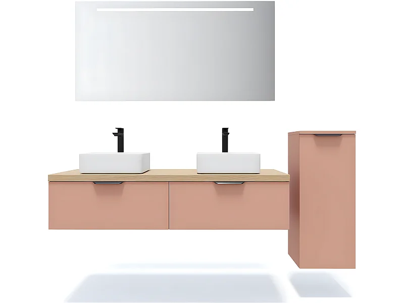 Meuble de salle de bain suspendu 2 vasques à poser 140cm 2 tiroirs Abricot + miroir + colonne ouverture droite - Soho