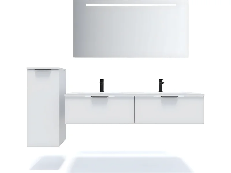 Meuble de salle de bain suspendu double vasque intégrée 140cm 2 tiroirs Blanc + miroir + colonne ouverture gauche - Soho