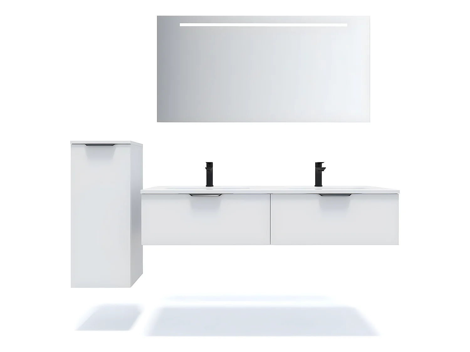 Meuble de salle de bain suspendu double vasque intégrée 140cm 2 tiroirs Blanc + miroir + colonne ouverture gauche - Soho
