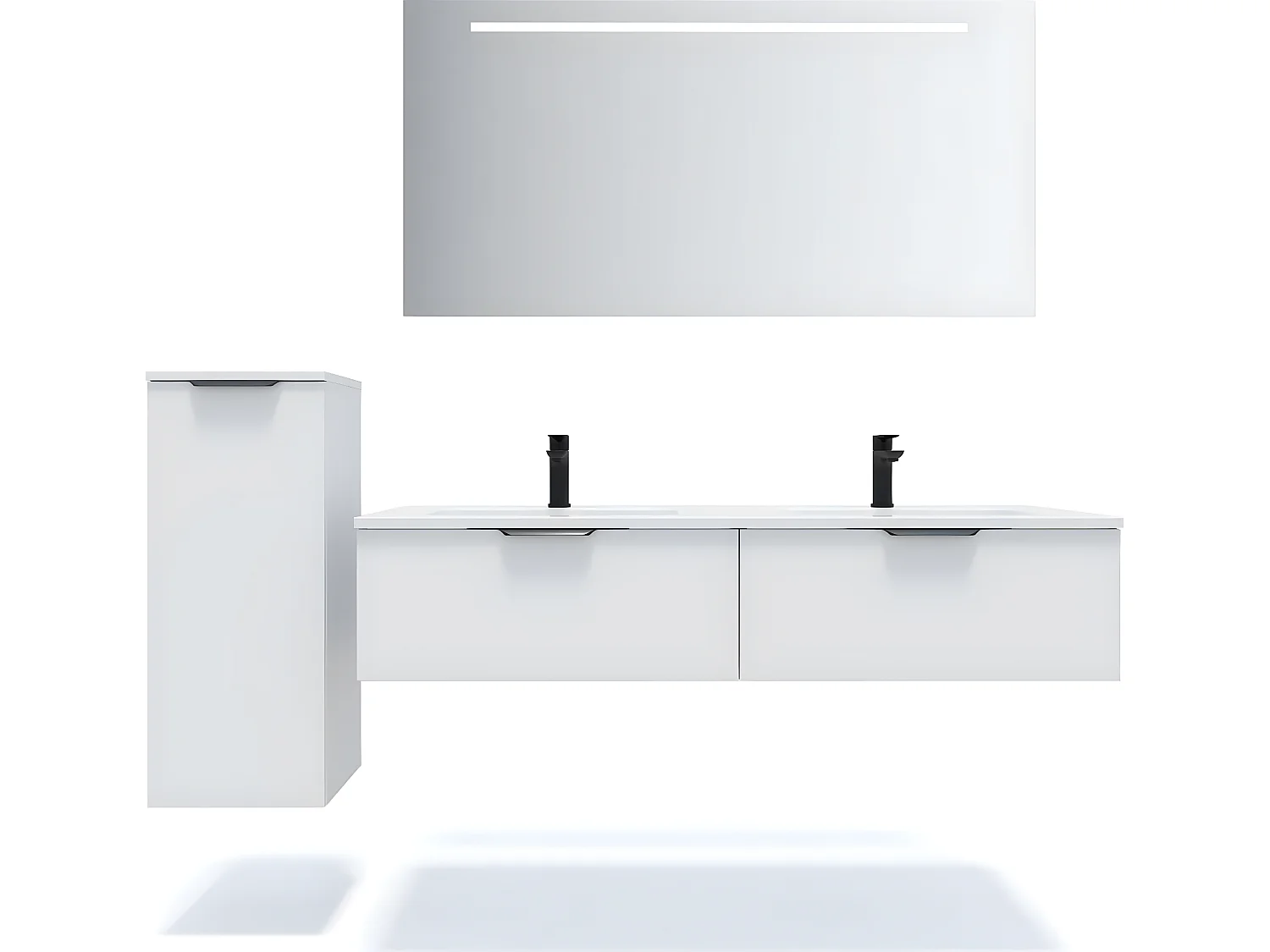 Meuble de salle de bain suspendu double vasque intégrée 140cm 2 tiroirs Blanc + miroir + colonne ouverture gauche - Soho