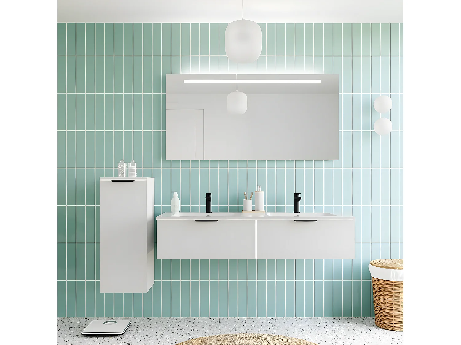 Meuble de salle de bain suspendu double vasque intégrée 140cm 2 tiroirs Blanc + miroir + colonne ouverture gauche - Soho