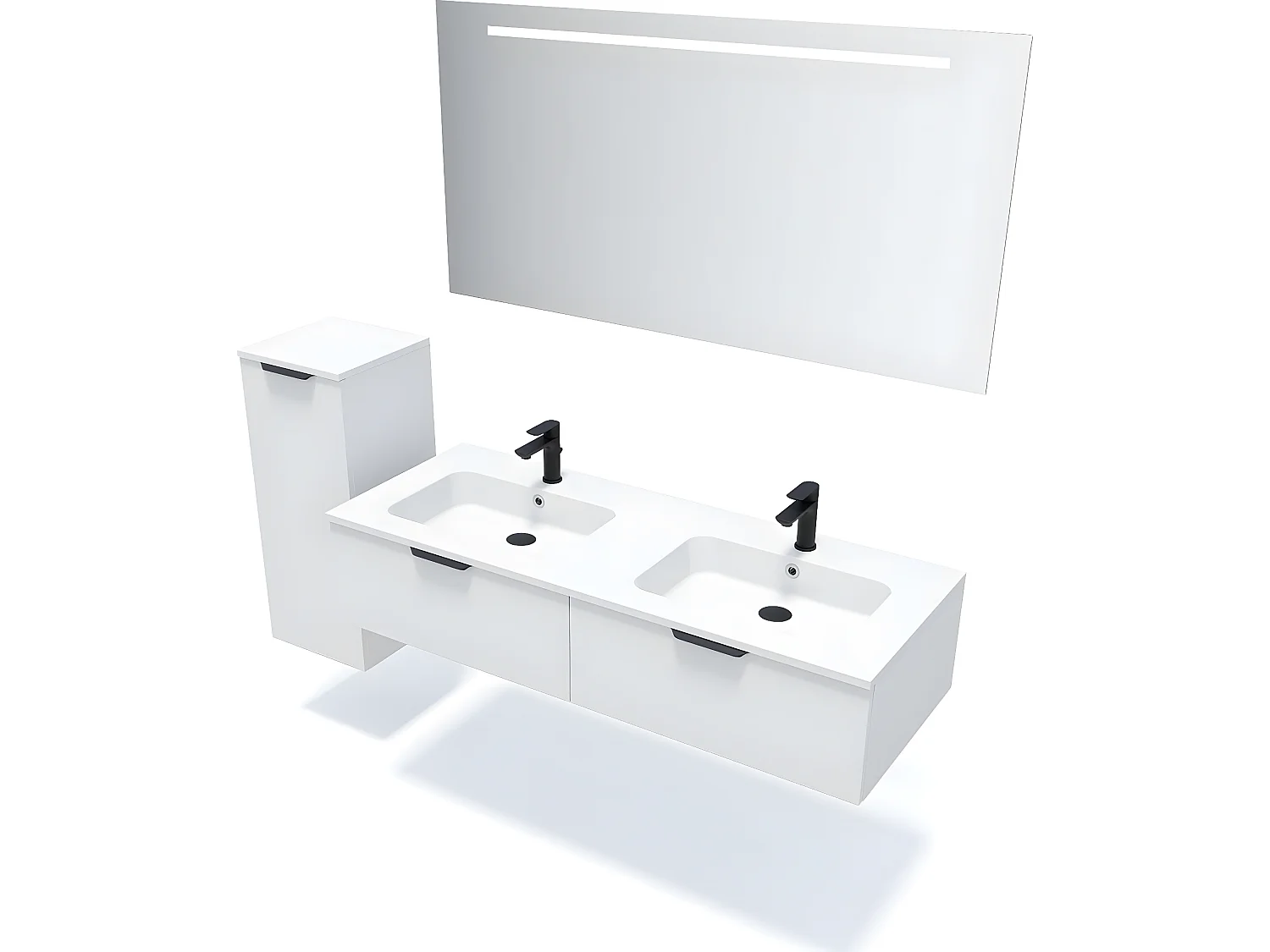 Meuble de salle de bain suspendu double vasque intégrée 140cm 2 tiroirs Blanc + miroir + colonne ouverture gauche - Soho