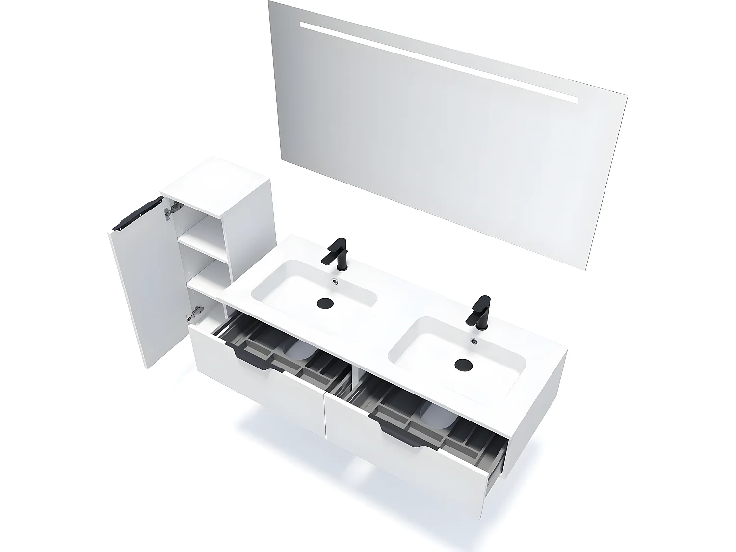 Meuble de salle de bain suspendu double vasque intégrée 140cm 2 tiroirs Blanc + miroir + colonne ouverture gauche - Soho