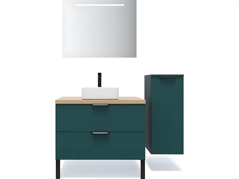 Meuble de salle de bain suspendu vasque à poser 90cm 2 tiroirs Bleu + miroir + colonne ouverture droite - Soho