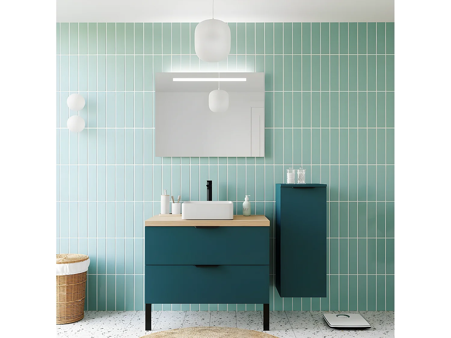 Meuble de salle de bain suspendu vasque à poser 90cm 2 tiroirs Bleu + miroir + colonne ouverture droite - Soho