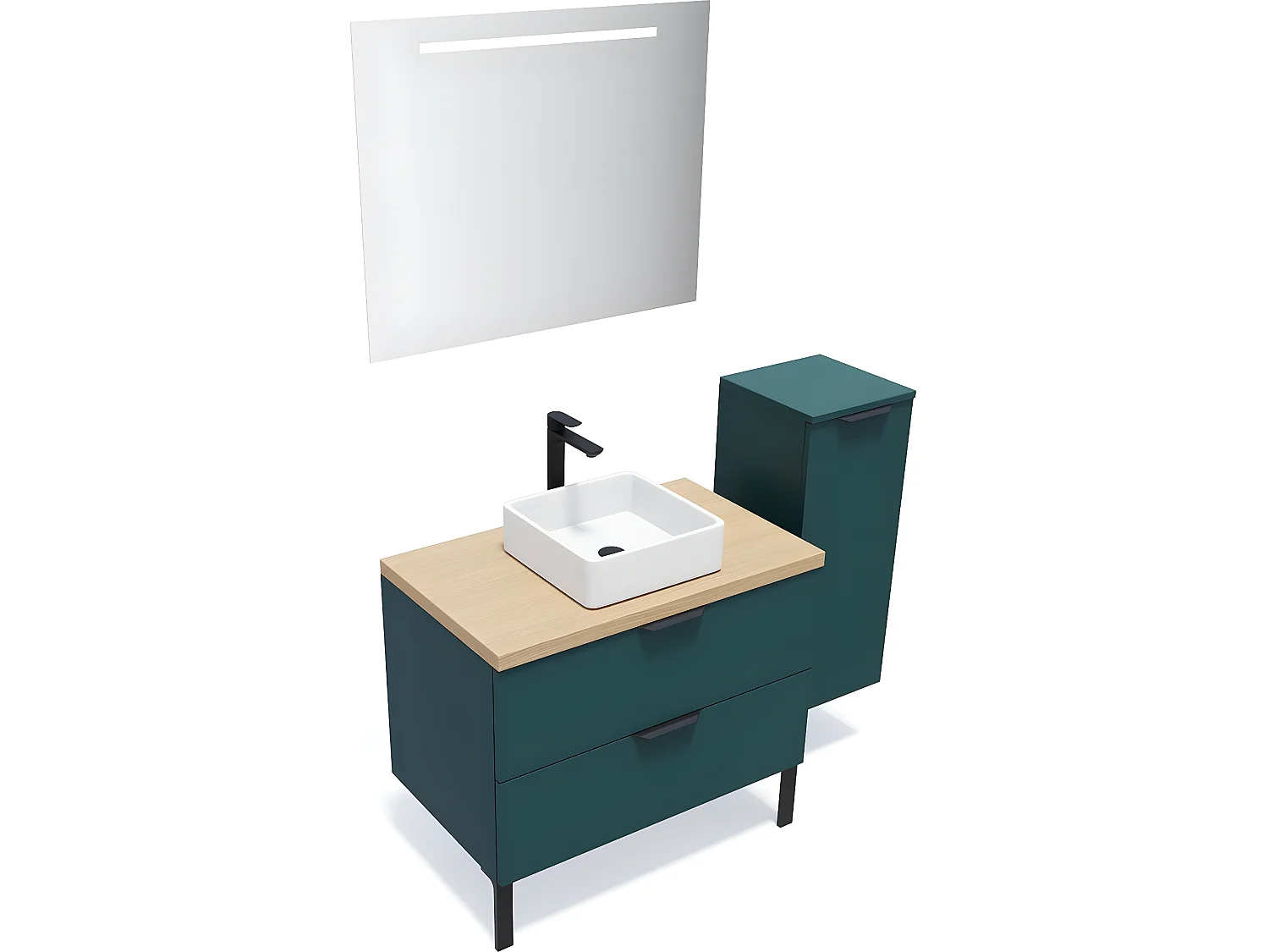 Meuble de salle de bain suspendu vasque à poser 90cm 2 tiroirs Bleu + miroir + colonne ouverture droite - Soho